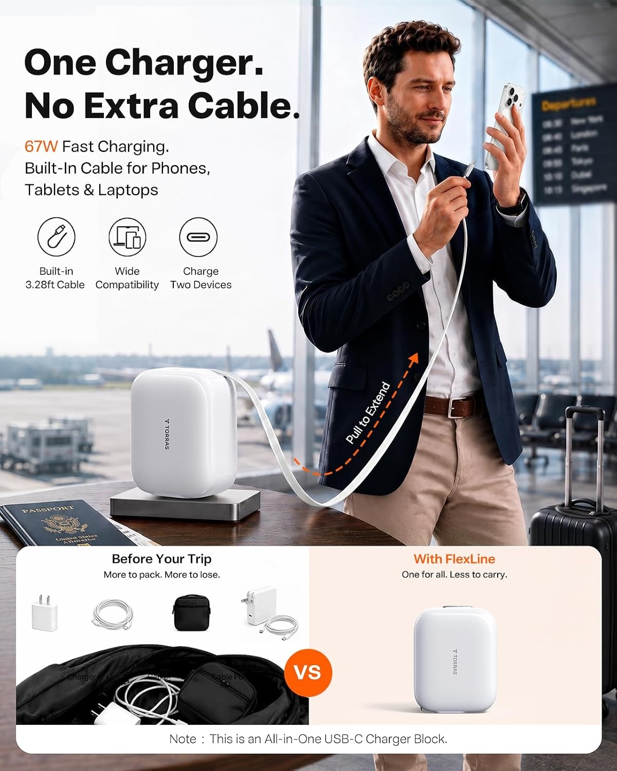 image:imageTORRAS FlexLine 67W USB C Charger DualPort GaN Retractable Charger iPhoneiPadMacBookGalaxy Compatible GaN III DualPort Fast Charging 1m Retractable Cable Travel and Desk UseWhite