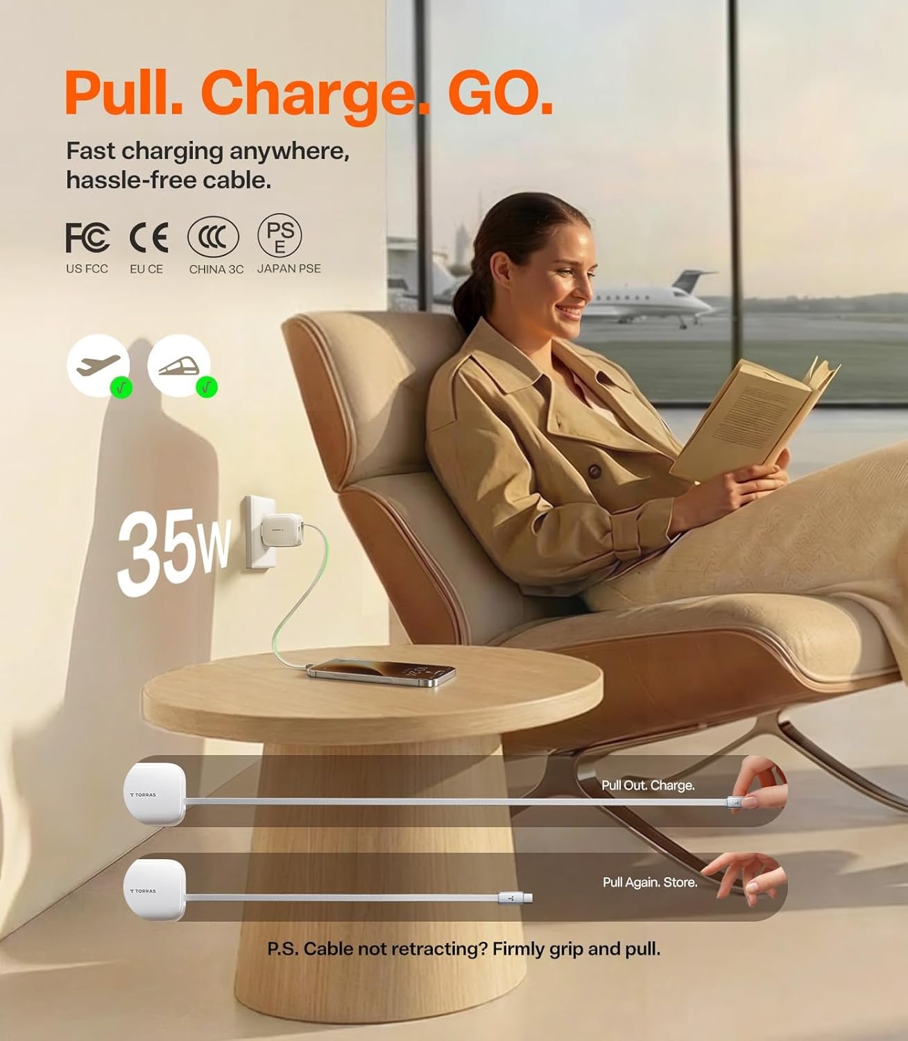 image:imageTORRAS FlexLine 67W USB C Charger DualPort GaN Retractable Charger iPhoneiPadMacBookGalaxy Compatible GaN III DualPort Fast Charging 1m Retractable Cable Travel and Desk UseIvory white