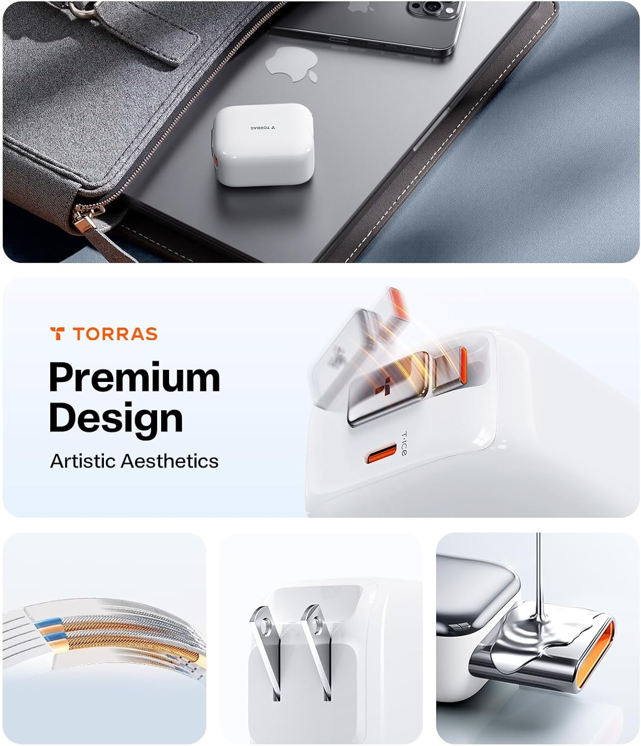 image:imageTORRAS FlexLine 67W USB C Charger DualPort GaN Retractable Charger iPhoneiPadMacBookGalaxy Compatible GaN III DualPort Fast Charging 1m Retractable Cable Travel and Desk UseWhite