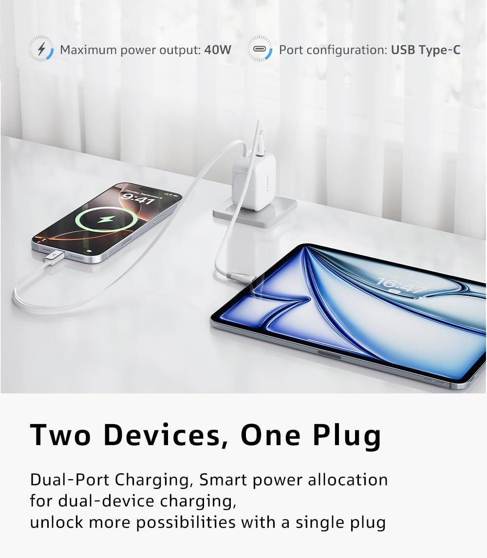 image:imageTORRAS FlexLine 67W USB C Charger DualPort GaN Retractable Charger iPhoneiPadMacBookGalaxy Compatible GaN III DualPort Fast Charging 1m Retractable Cable Travel and Desk UseWhite