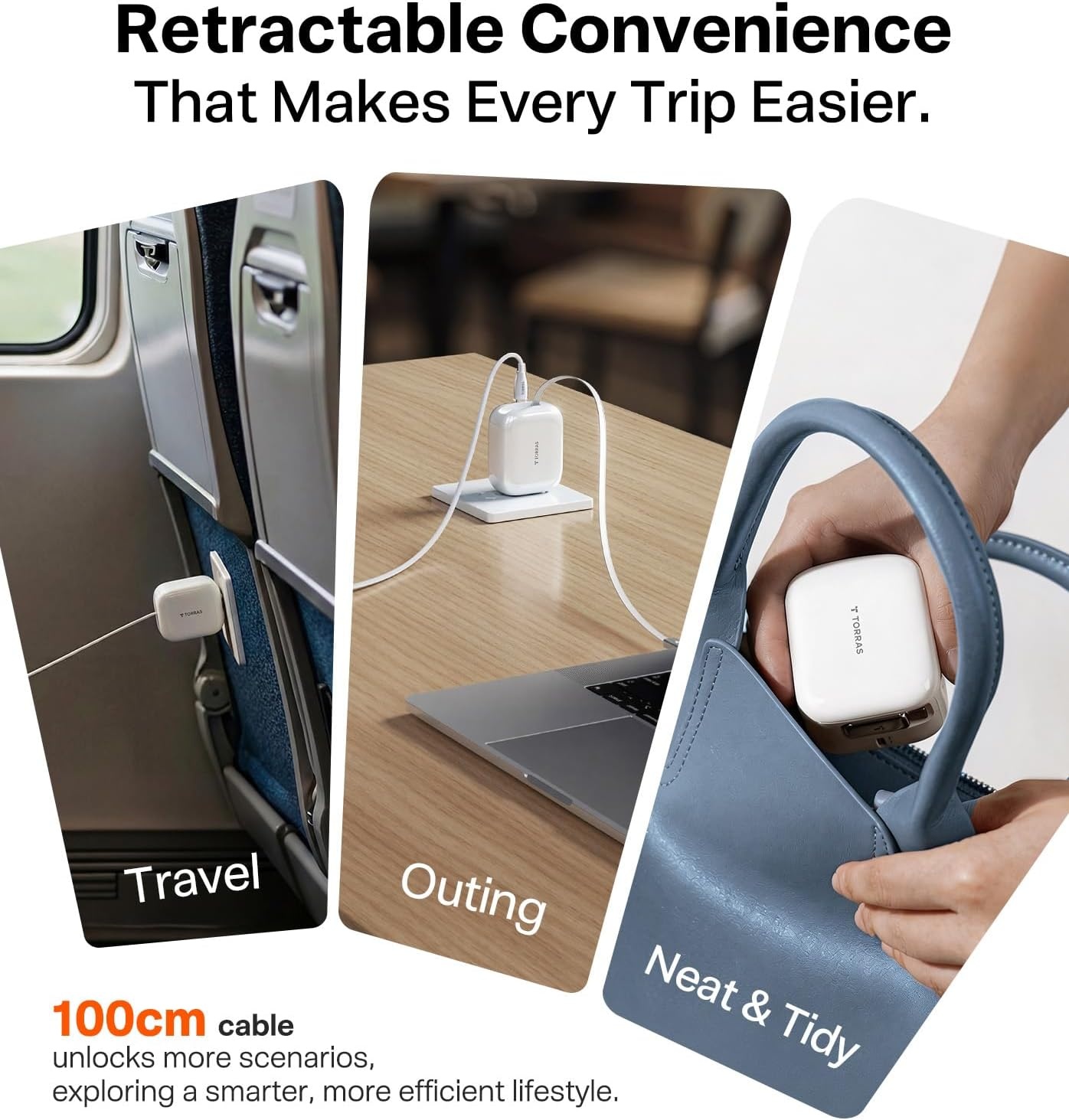image:imageTORRAS FlexLine 67W USB C Charger DualPort GaN Retractable Charger iPhoneiPadMacBookGalaxy Compatible GaN III DualPort Fast Charging 1m Retractable Cable Travel and Desk UseWhite