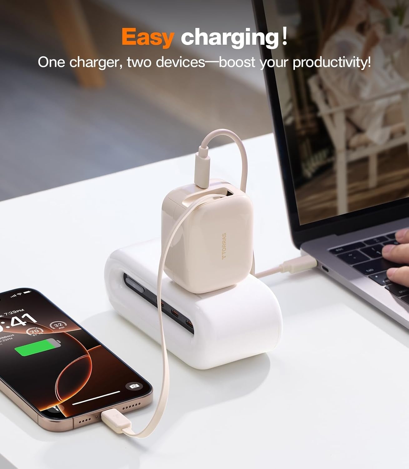image:imageTORRAS FlexLine 67W USB C Charger DualPort GaN Retractable Charger iPhoneiPadMacBookGalaxy Compatible GaN III DualPort Fast Charging 1m Retractable Cable Travel and Desk UsePinkgold