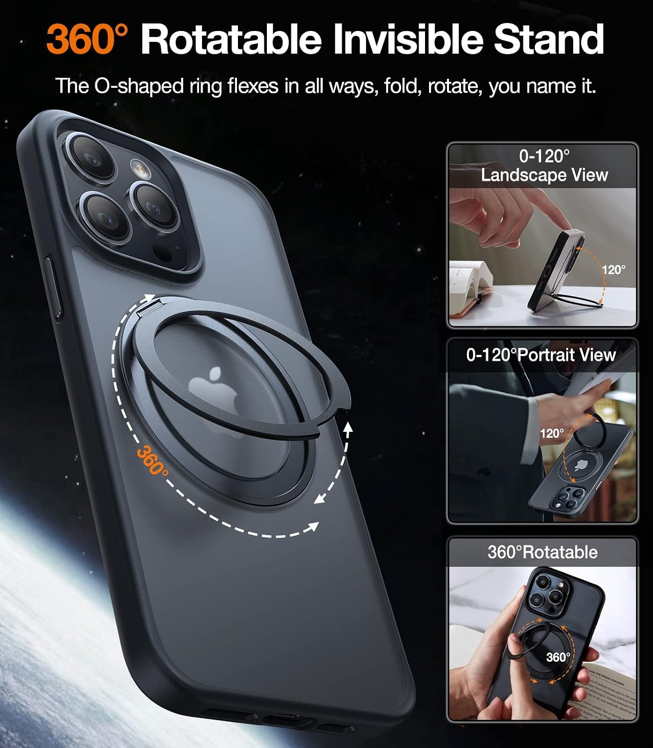image:imageTORRAS 2024 Upgraded 360 Rotatable Ring for iPhone 13 Pro Max Case Fit for Magsafe with Stand Magnetic Ring Holder Military Grade Shockproof Translucent Back Slim Phone Case Ostand R Black