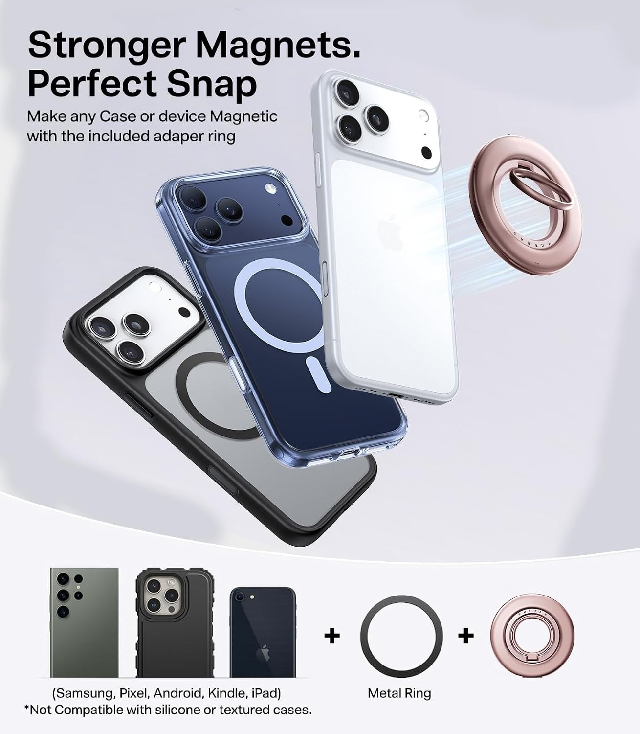 image:imageTORRAS 2025 Flagship Magnetic Phone Grip Ring Holder Kickstand 2Sided Magnetic 360 Rotation Fit for MagSafe Accessories for iPhone 17 16 15 14 13 12 11 Samsung Google BlackDusty Rose Gold