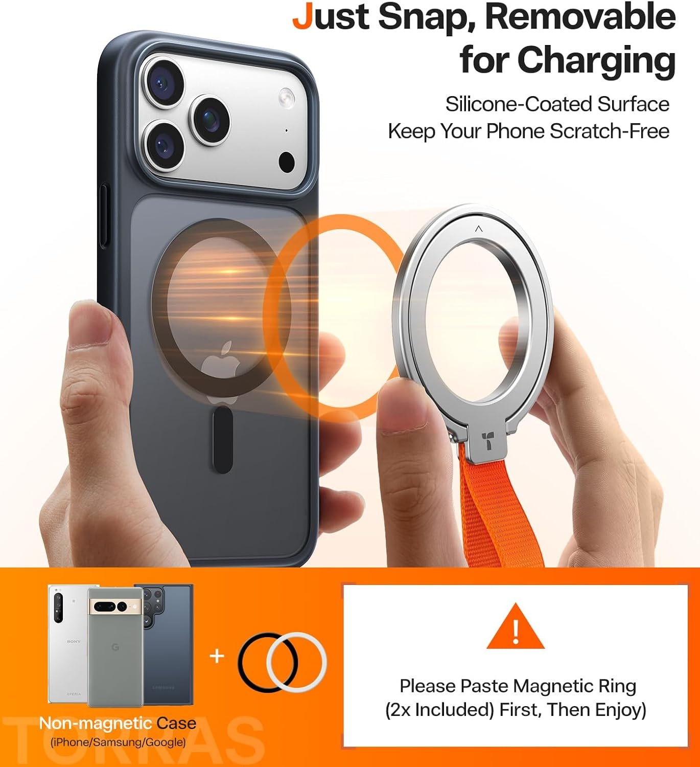 image:imageTORRAS 2025 Upgrade Gen 60 Magnetic Phone Grip Holder Kickstand with Braided Strap Fit for MagSafe Ring Removable for iPhone 17 1615 14 13 12 ProMax Samsung Google Silver Ostand Ring