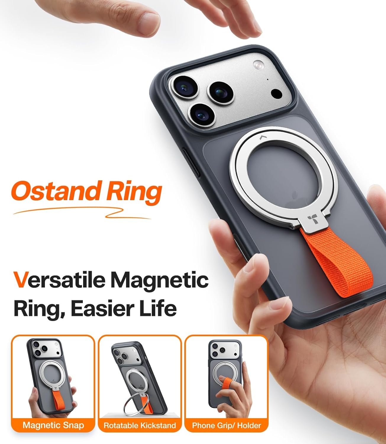 image:imageTORRAS 2025 Upgrade Gen 60 Magnetic Phone Grip Holder Kickstand with Braided Strap Fit for MagSafe Ring Removable for iPhone 17 1615 14 13 12 ProMax Samsung Google Silver Ostand Ring