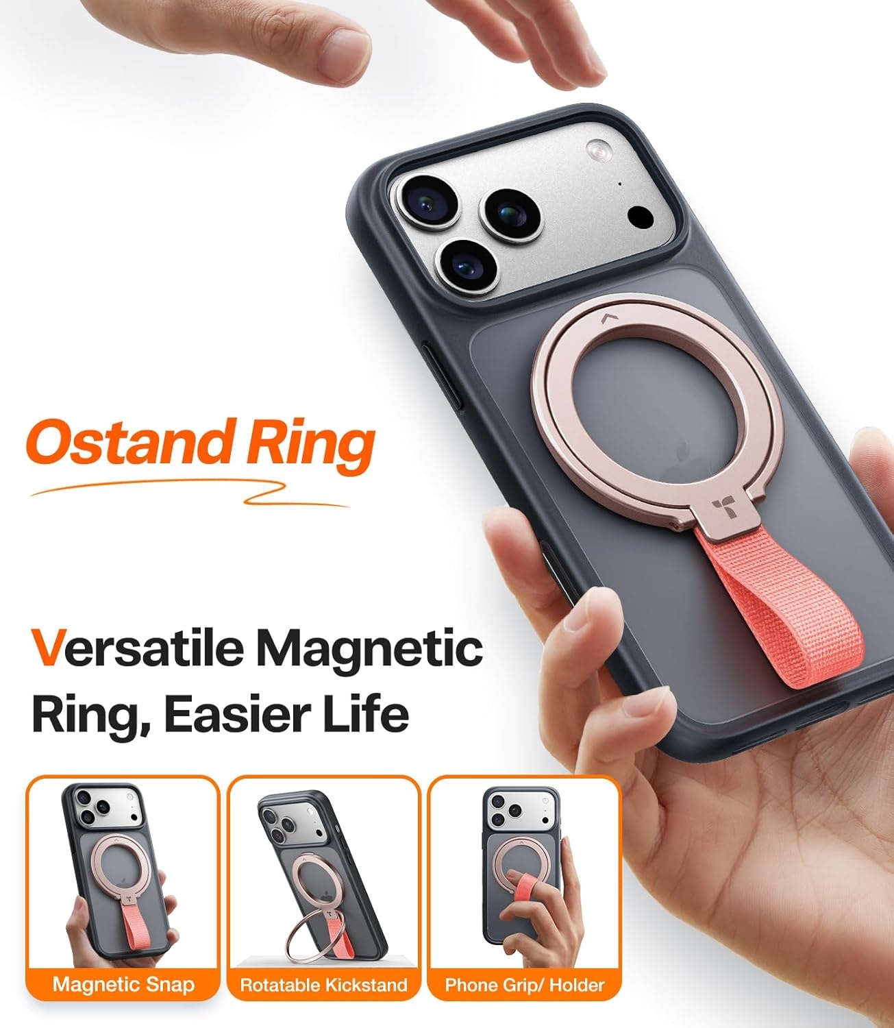 image:imageTORRAS 2025 Upgrade Gen 60 Magnetic Phone Grip Holder Kickstand with Braided Strap Fit for MagSafe Ring Removable for iPhone 17 1615 14 13 12 ProMax Samsung Google Rose Gold Ostand Ring
