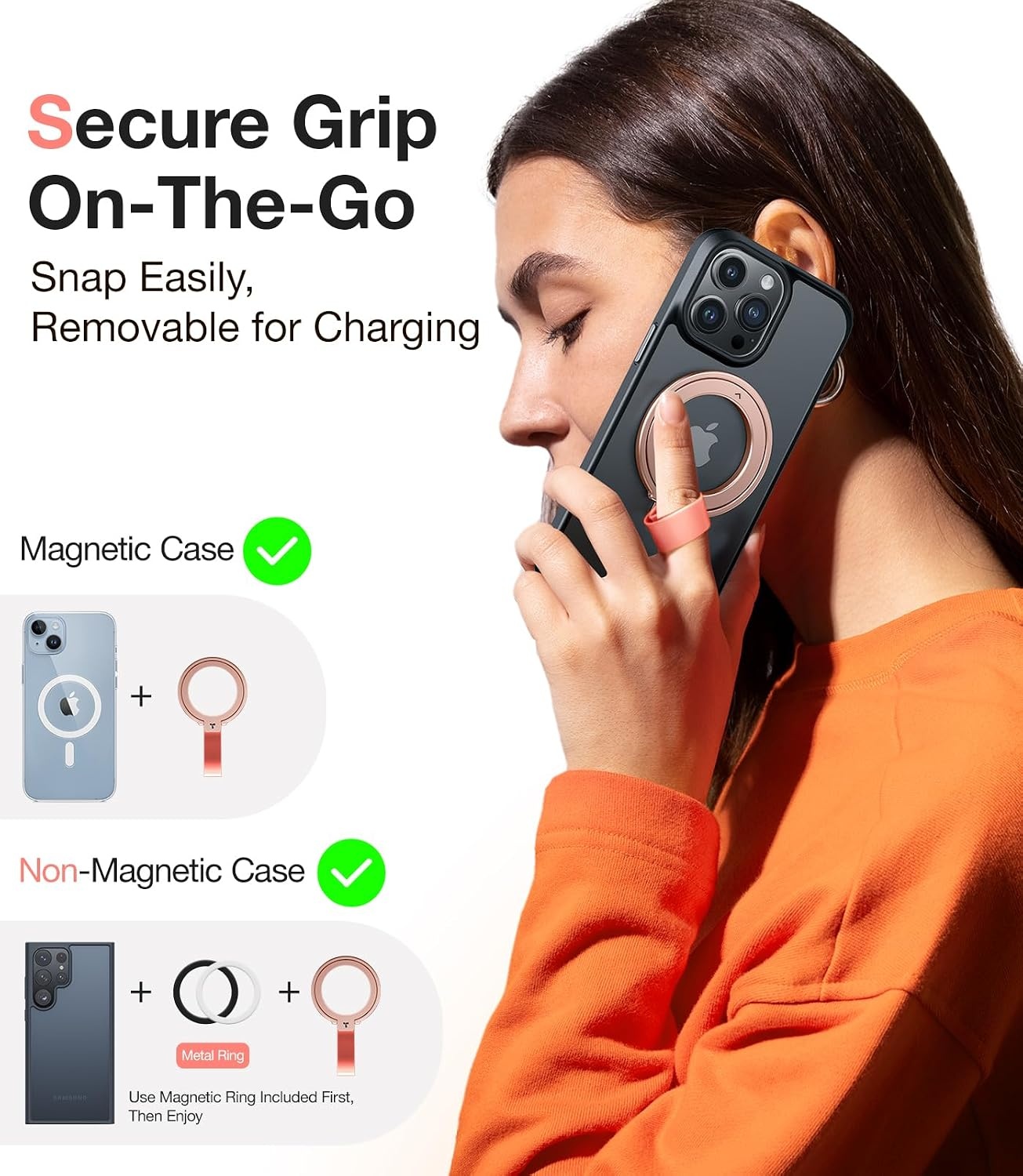 image:imageTORRAS 2025 Upgrade Gen 60 Magnetic Phone Grip Holder Kickstand with Braided Strap Fit for MagSafe Ring Removable for iPhone 17 1615 14 13 12 ProMax Samsung Google Rose Gold Ostand Ring