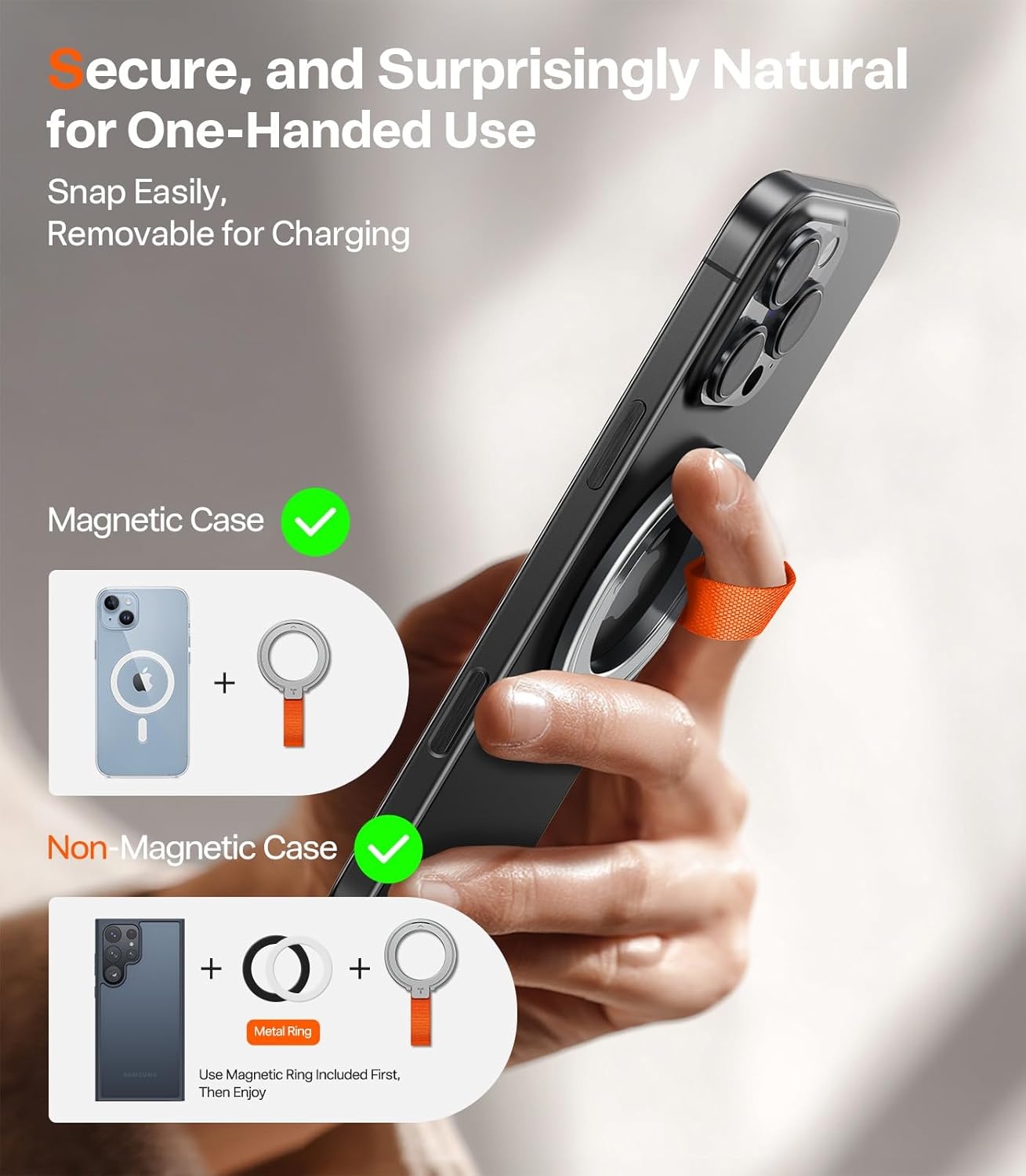 image:imageTORRAS 2025 Upgrade Gen 60 Magnetic Phone Grip Holder Kickstand with Braided Strap Fit for MagSafe Ring Removable for iPhone 17 1615 14 13 12 ProMax Samsung Google Silver Ostand Ring