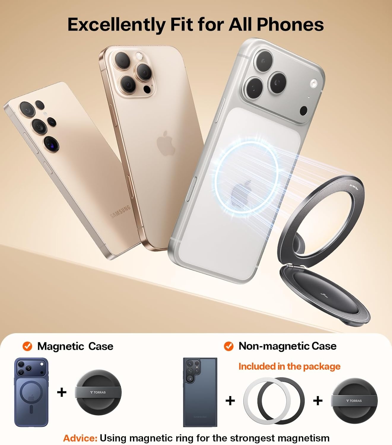 image:imageTORRAS 2026 Upgraded Gen 70 Magnetic Phone Grip Ring Stand Holder Comfortable Silicone Ring Compatible with MagSafe Accessories 4in1 Kickstand for iPhone 17 Pro Max 16 15 14 13 AndroidRosegoldBlack