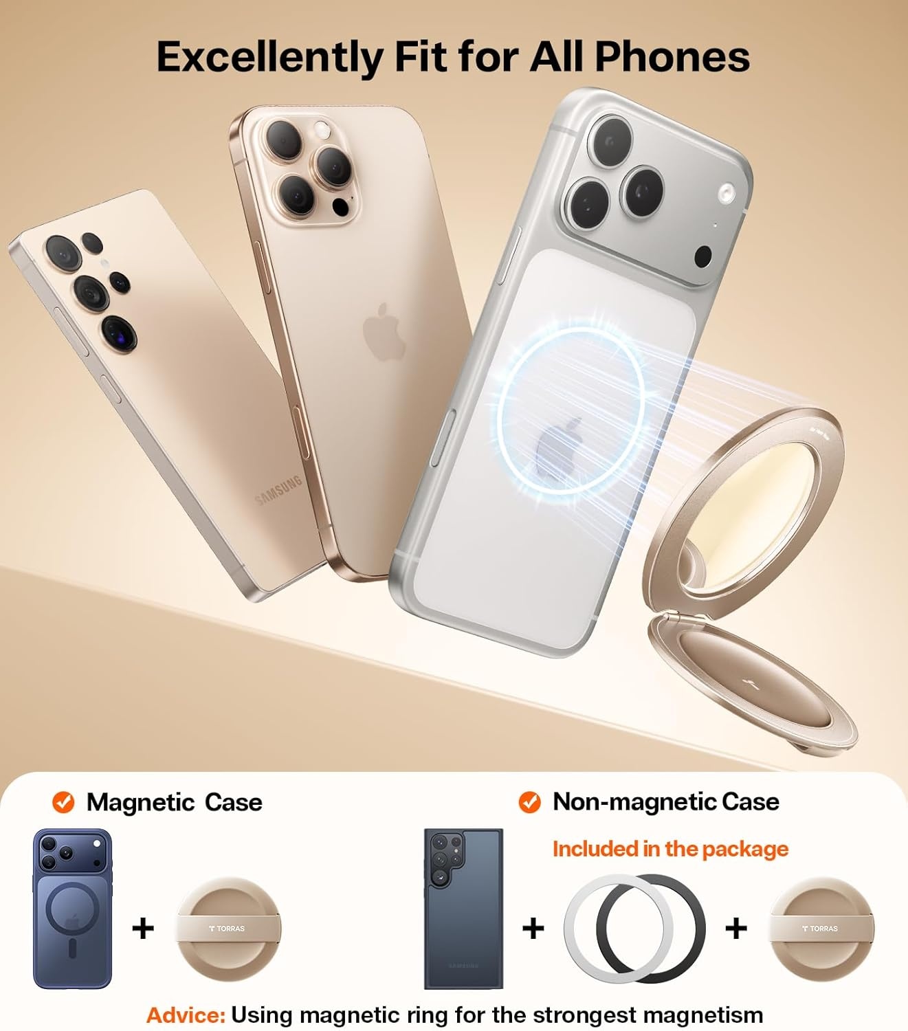 image:imageTORRAS 2026 Upgraded Gen 70 Magnetic Phone Grip Ring Stand Holder Comfortable Silicone Ring Compatible with MagSafe Accessories 4in1 Kickstand for iPhone 17 Pro Max 16 15 14 13 AndroidRosegoldRosegold