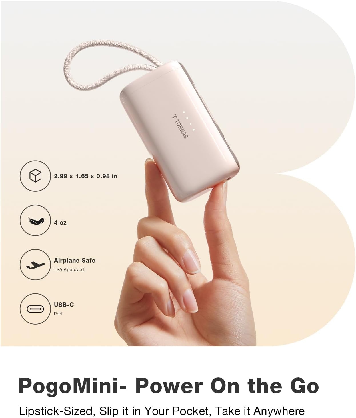 image:imageTORRAS 2in1 iPhone 16 Portable Charger 5000mAh 225W Mini Power Bank with Builtin USBC Cable Fast Charge Battery Pack Travel Essential for iPhone 171615 Galaxy S25 Google Desert TitaniumRose Gold