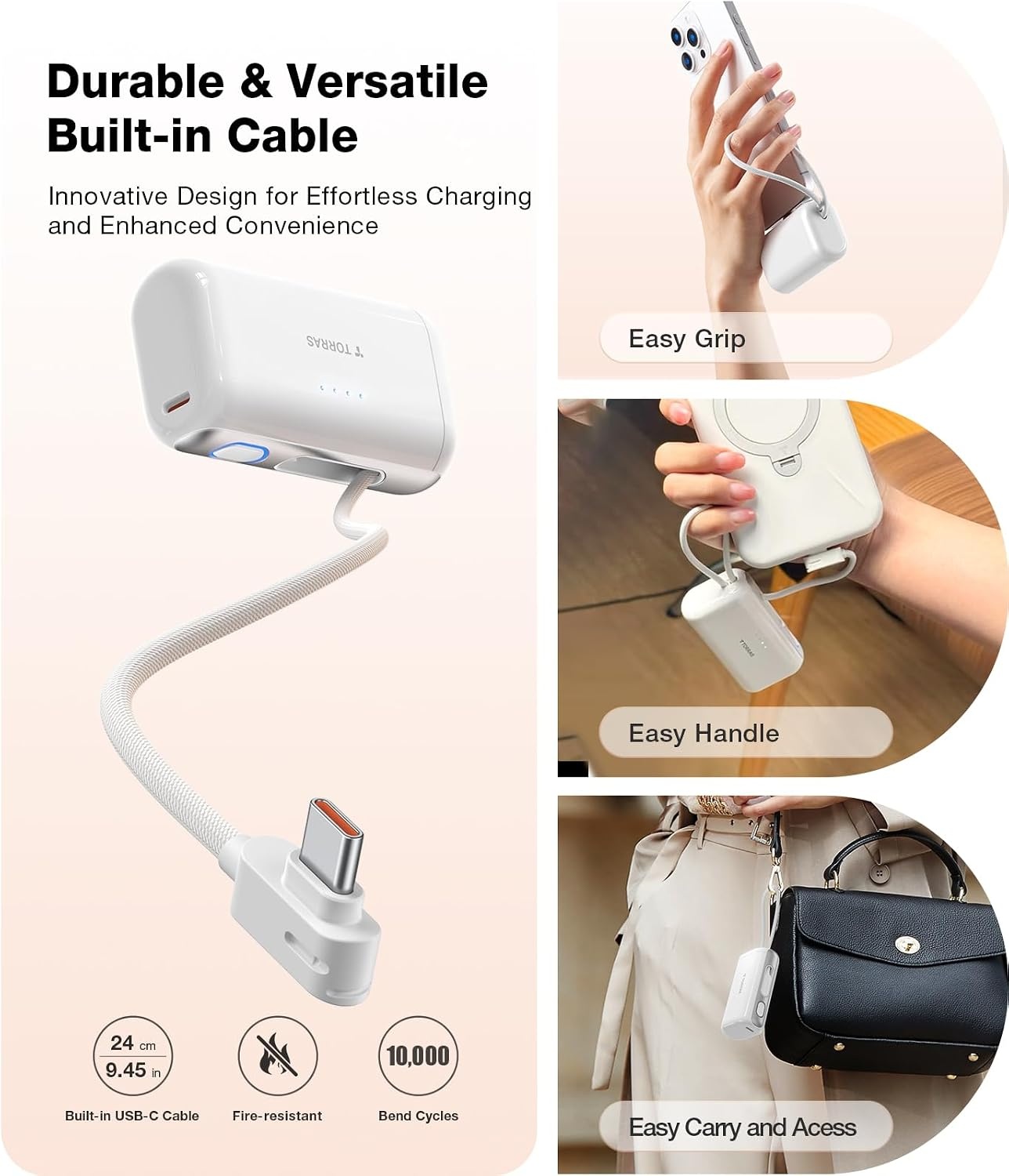 image:imageTORRAS 2in1 iPhone 16 Portable Charger 5000mAh 225W Mini Power Bank with Builtin USBC Cable Fast Charge Battery Pack Travel Essential for iPhone 171615 Galaxy S25 Google Desert TitaniumArctic White