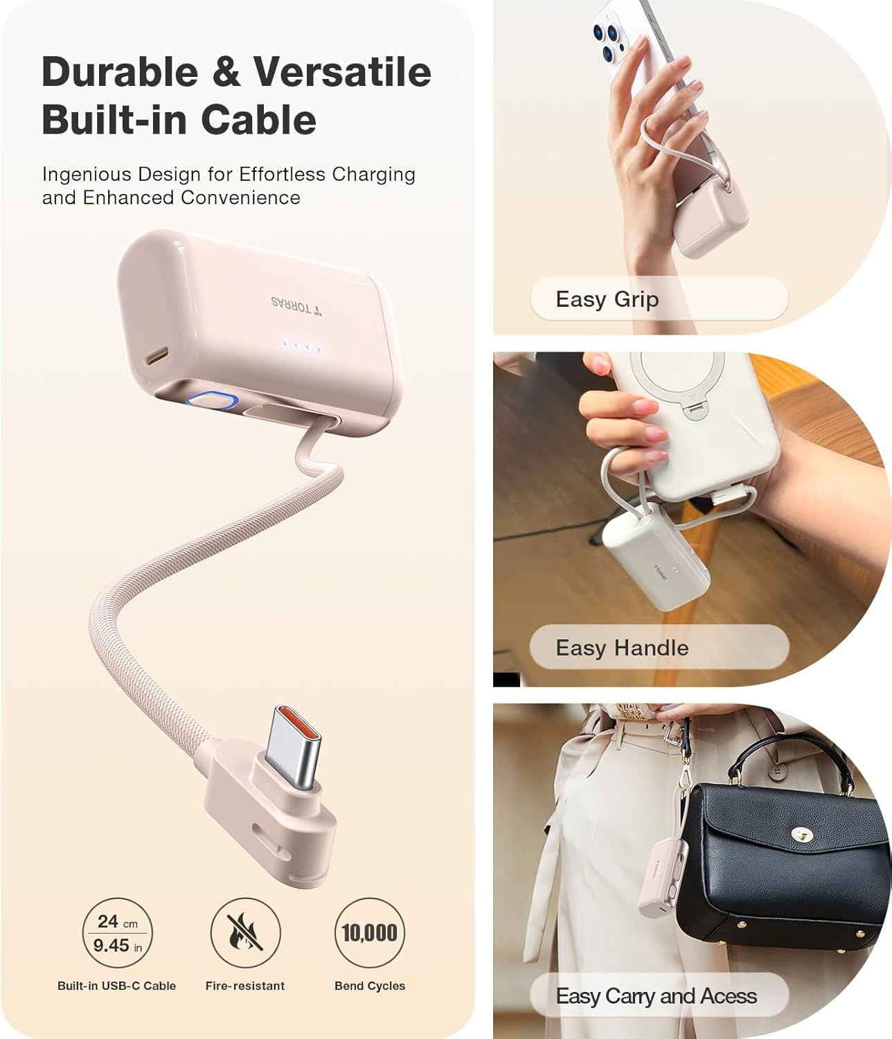 image:imageTORRAS 2in1 iPhone 16 Portable Charger 5000mAh 225W Mini Power Bank with Builtin USBC Cable Fast Charge Battery Pack Travel Essential for iPhone 171615 Galaxy S25 Google Desert TitaniumRose Gold