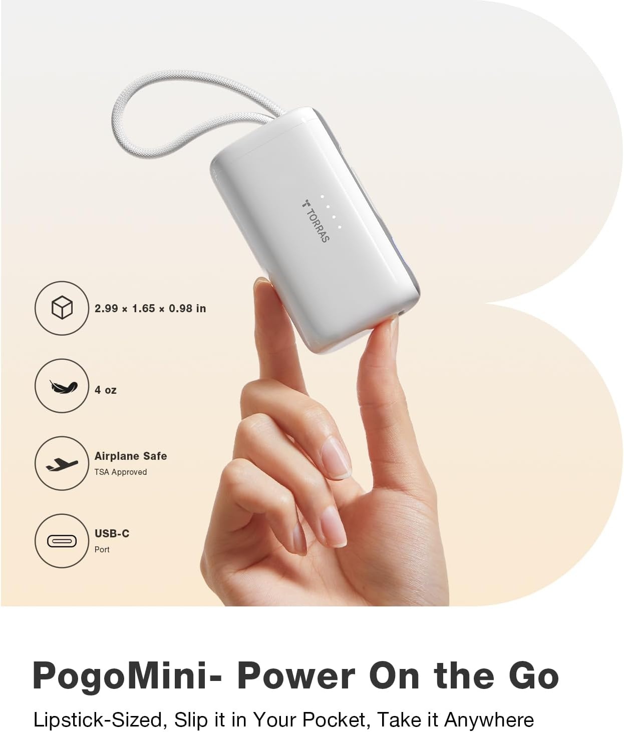 image:imageTORRAS 2in1 iPhone 16 Portable Charger 5000mAh 225W Mini Power Bank with Builtin USBC Cable Fast Charge Battery Pack Travel Essential for iPhone 171615 Galaxy S25 Google Desert TitaniumArctic White