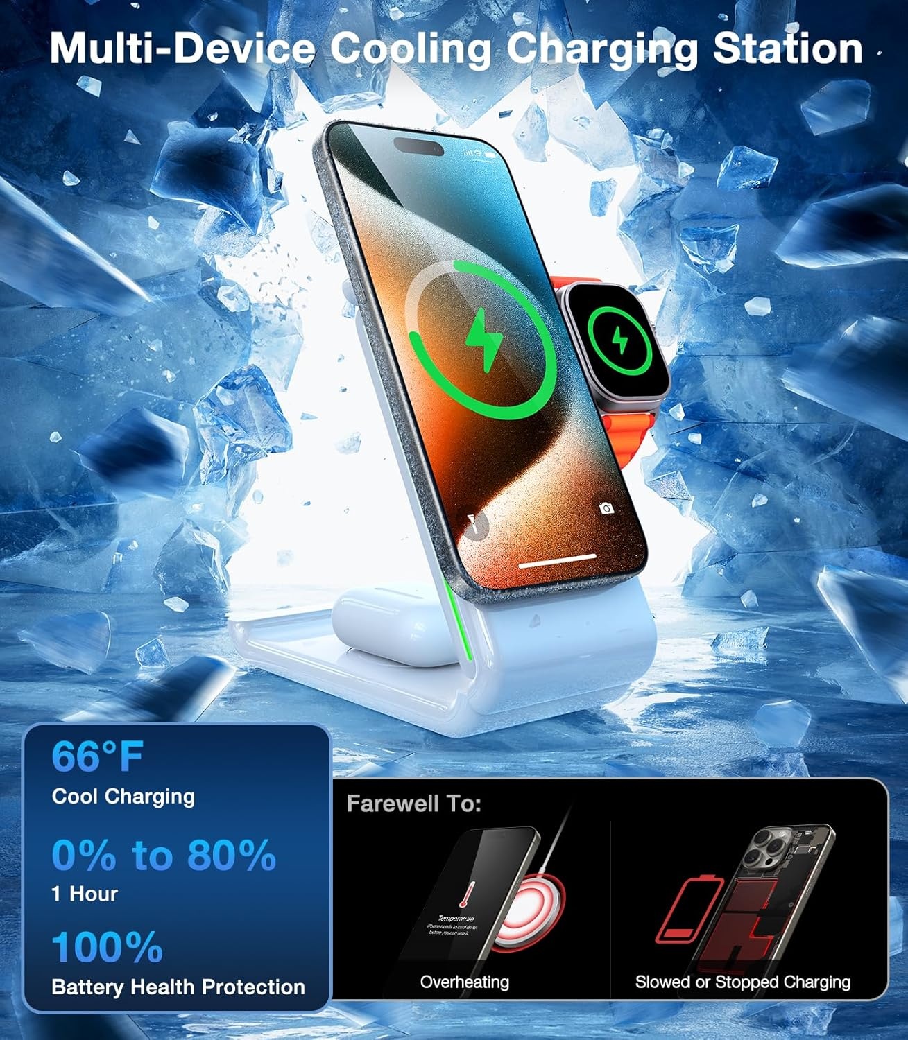 image:imageTORRAS 3 in 1 Charging Station with MagSafe Charger Stand Cooling 15W Max Fast Charging Foldable Wireless Charger for iPhone 15141312 Apple Watch S18Ultra AirPods30W USBC Charger Included
