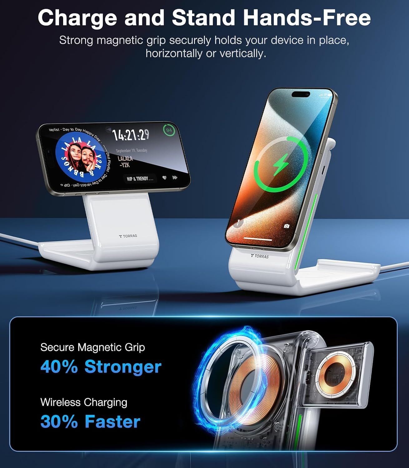image:imageTORRAS 3 in 1 Charging Station with MagSafe Charger Stand Cooling 15W Max Fast Charging Foldable Wireless Charger for iPhone 15141312 Apple Watch S18Ultra AirPods30W USBC Charger Included