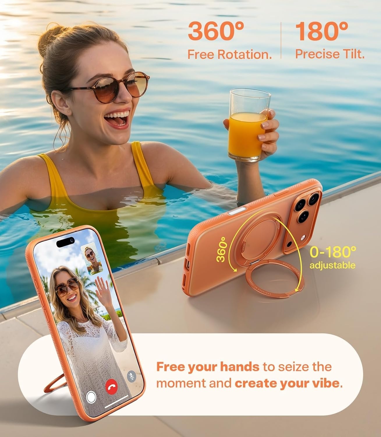 image:imageTORRAS 360 Magnetic Stand for iPhone 17 Pro Case Fit for MagSafe Rotatable Ring Kickstand 4X MilGrade Shockproof Slim Phone Cover Camera Button Cosmic Orange Translucent Ostand O3 Fitness