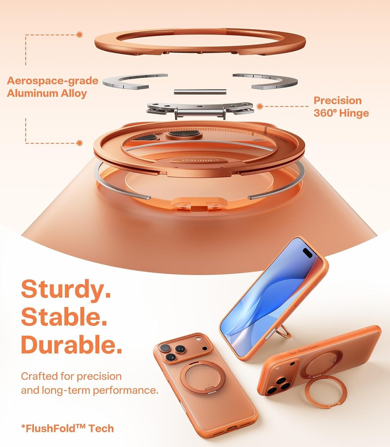 image:imageTORRAS 360 Magnetic Stand for iPhone 17 Pro Case Fit for MagSafe Rotatable Ring Kickstand 4X MilGrade Shockproof Slim Phone Cover Camera Button Cosmic Orange Translucent Ostand O3 Fitness