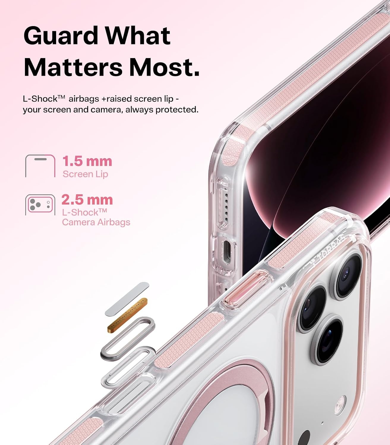image:imageTORRAS 360 Magnetic Stand for iPhone 17 Pro Max Case Ultra Clear Orange Fit for MagSafe 4X MilGrade Protection Slim NonSlip Case with Camera Control Button Cosmic Orange 69 O3 Light SeriesRosy Pink
