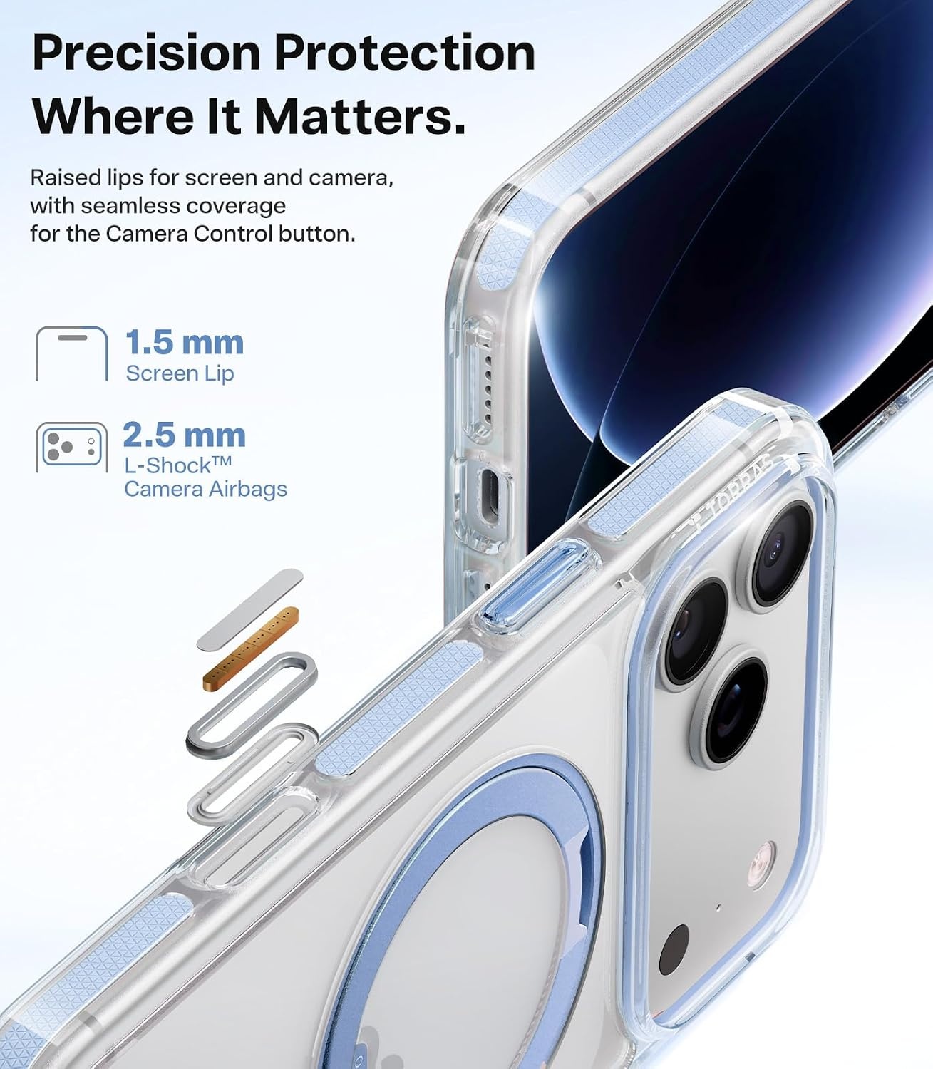 image:imageTORRAS 360 Magnetic Stand for iPhone 17 Pro Max Case Ultra Clear Orange Fit for MagSafe 4X MilGrade Protection Slim NonSlip Case with Camera Control Button Cosmic Orange 69 O3 Light SeriesHaze Blue