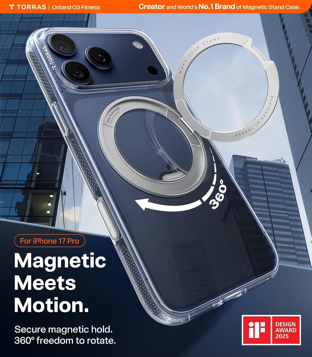 image:imageTORRAS 360 Magnetic Stand for iiPhone 17e Case amp iPhone 16e Fit for MagSafe MilitaryGrade Protection Translucent Slim Case for iPhone 17e Obsidian Black Ostand O3 Fitness SeriesBCrystal Clear