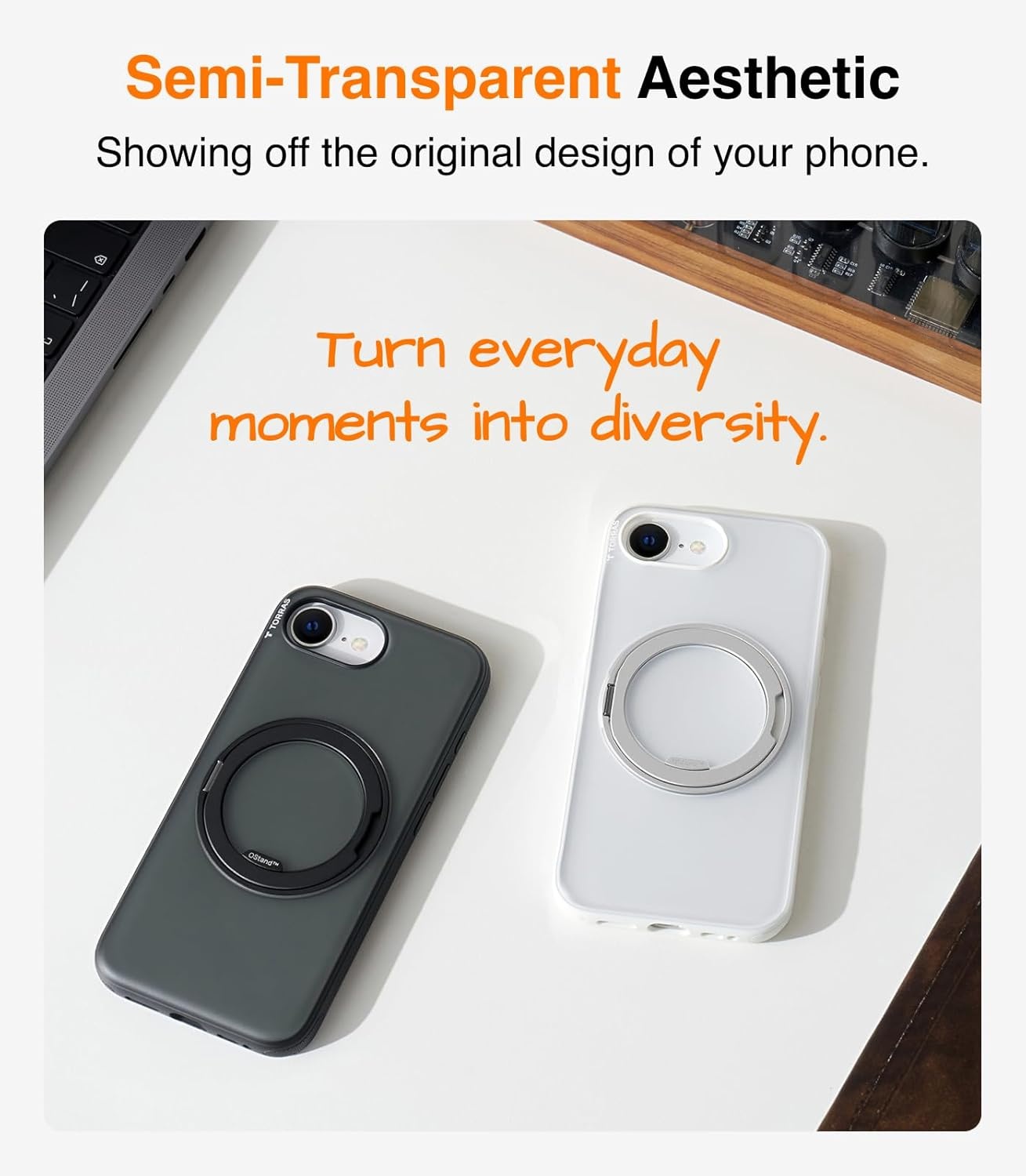 image:imageTORRAS 360 Magnetic Stand for iiPhone 17e Case amp iPhone 16e Fit for MagSafe MilitaryGrade Protection Translucent Slim Case for iPhone 17e Obsidian Black Ostand O3 Fitness SeriesDObsidian Black
