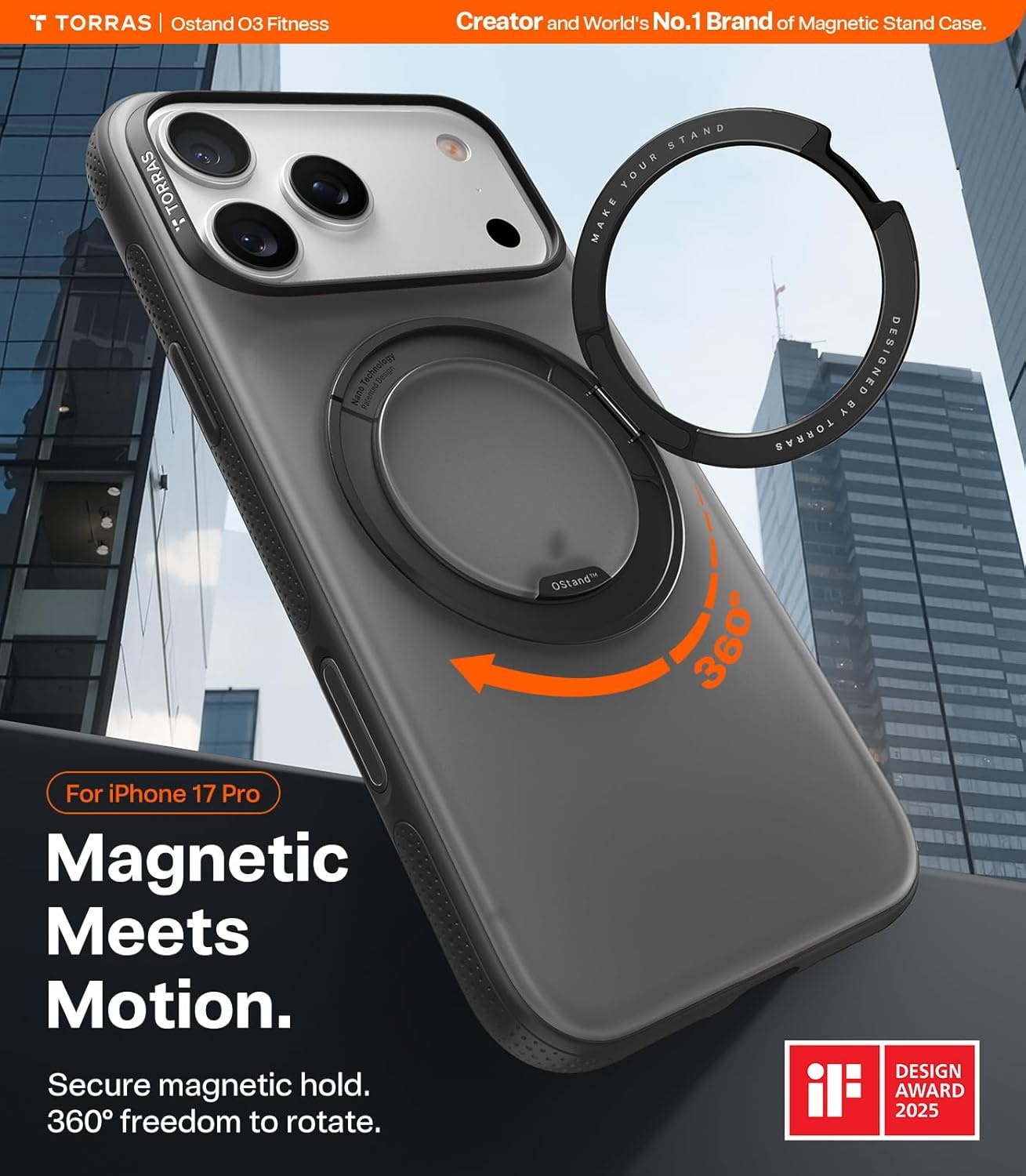image:imageTORRAS 360 Magnetic Stand for iiPhone 17e Case amp iPhone 16e Fit for MagSafe MilitaryGrade Protection Translucent Slim Case for iPhone 17e Obsidian Black Ostand O3 Fitness SeriesDObsidian Black