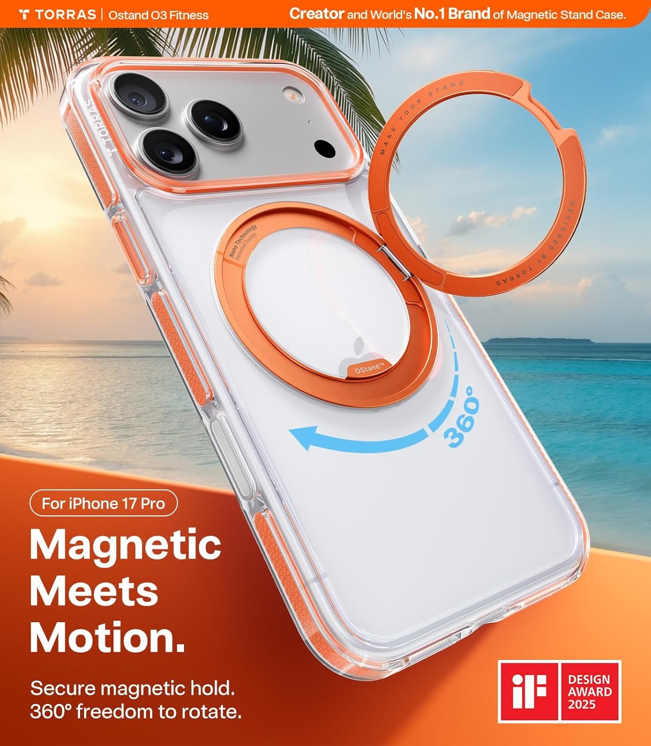 image:imageTORRAS 360 Magnetic Stand for iiPhone 17e Case amp iPhone 16e Fit for MagSafe MilitaryGrade Protection Translucent Slim Case for iPhone 17e Obsidian Black Ostand O3 Fitness SeriesHClear Orange