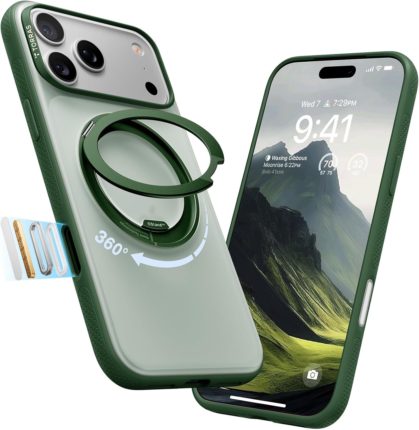 image:imageTORRAS 360 Magnetic Stand for iiPhone 17e Case amp iPhone 16e Fit for MagSafe MilitaryGrade Protection Translucent Slim Case for iPhone 17e Obsidian Black Ostand O3 Fitness SeriesFPine Green