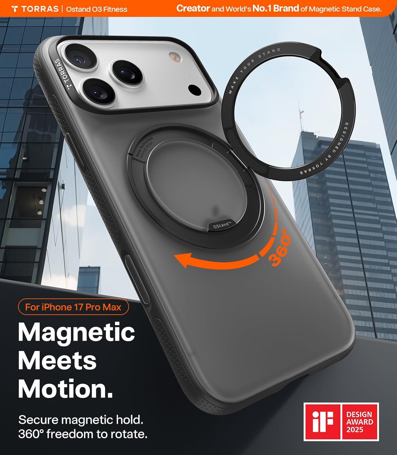 image:imageTORRAS 360 Magnetic Stand for iiPhone 17e Case amp iPhone 16e Fit for MagSafe MilitaryGrade Protection Translucent Slim Case for iPhone 17e Obsidian Black Ostand O3 Fitness SeriesDObsidian Black