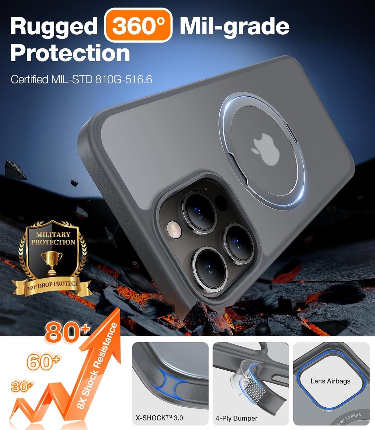 image:imageTORRAS 360 Rotatable Ring for iPhone 15 Pro Case Compatible with MagSafe Translucent Slim Protective Ring Military Grade Shockproof Cover for 15 Pro 2023 Natural Titanium