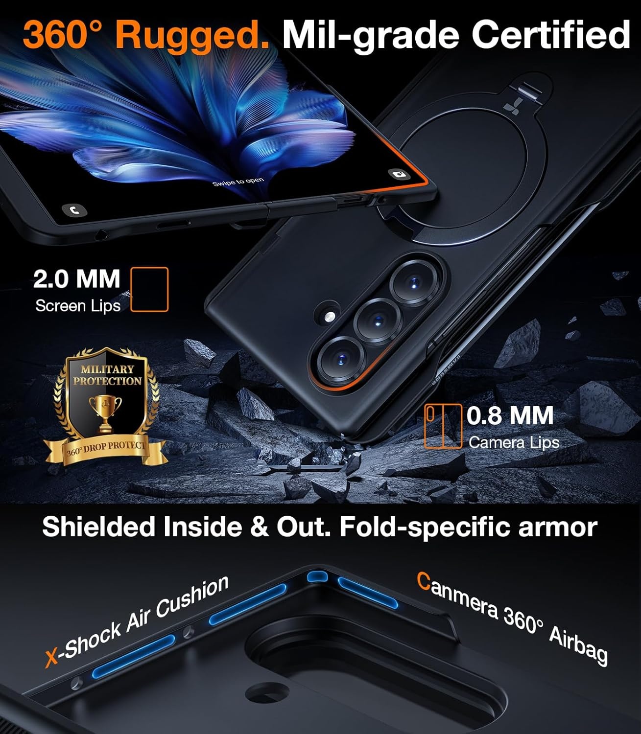 image:imageTORRAS 360 Spin Magnetic Stand for Galaxy Z Fold 7 Case with S Pen Holder MILGrade Hinge Protection Fit for Magsafe 360 Kickstand amp Ring Holder Armor Slim for Samsung Galaxy Z Fold 7 Black