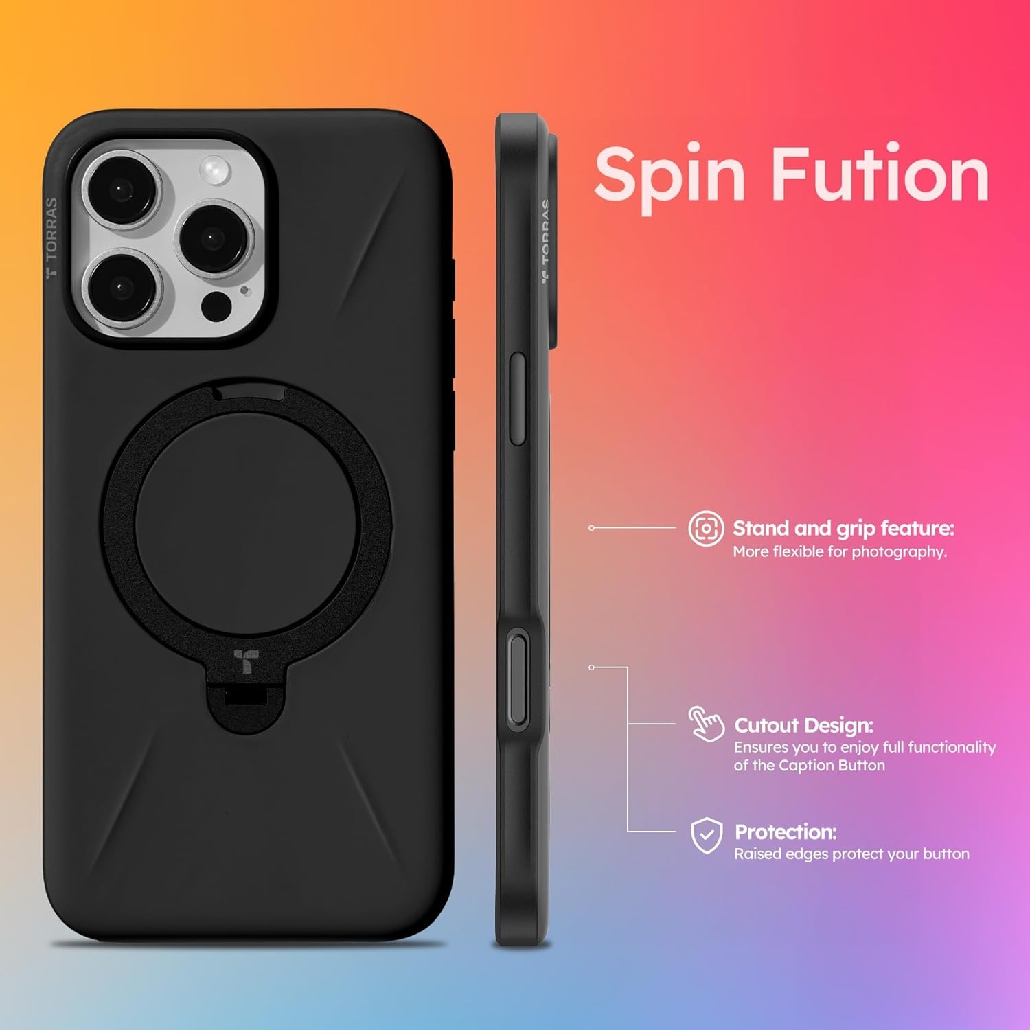 image:imageTORRAS 360 Spin Stand for iPhone 16 Pro Case Fit for Magsafe MilSTD Protective Hard PC ScratchResistant Case for iPhone 16 Pro Phone Case Ostand Spin Onyx Black 63 inch
