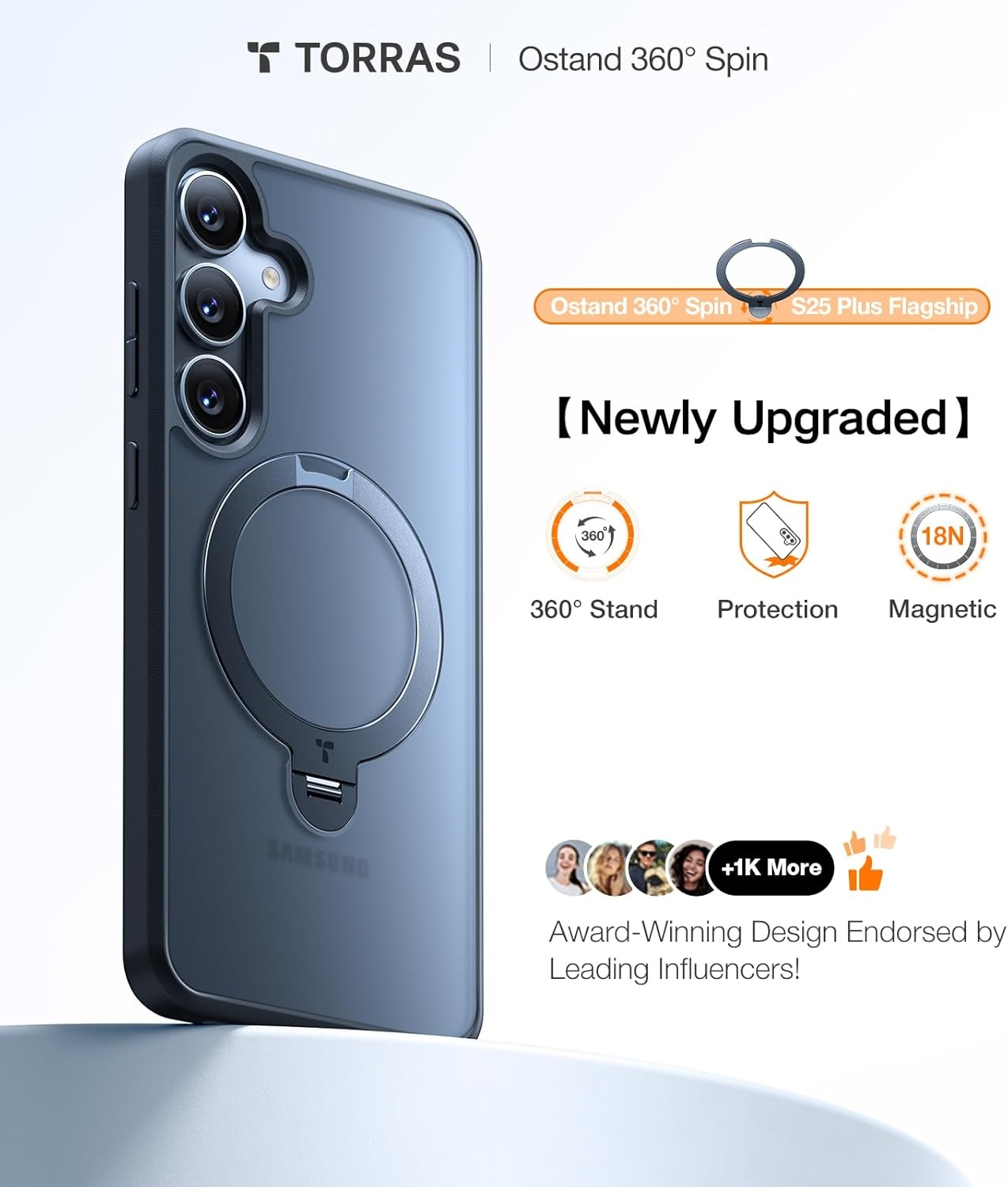 image:imageTORRAS 360 Spin for Samsung Galaxy S25 Case with Stand Fit for MagSafe 3X Military Grade Protective Rotatable Kickstand for Samsung S25 Case Magnetic Ring Slim Hard Cover Crystal Clear 62S25 PlusBlack