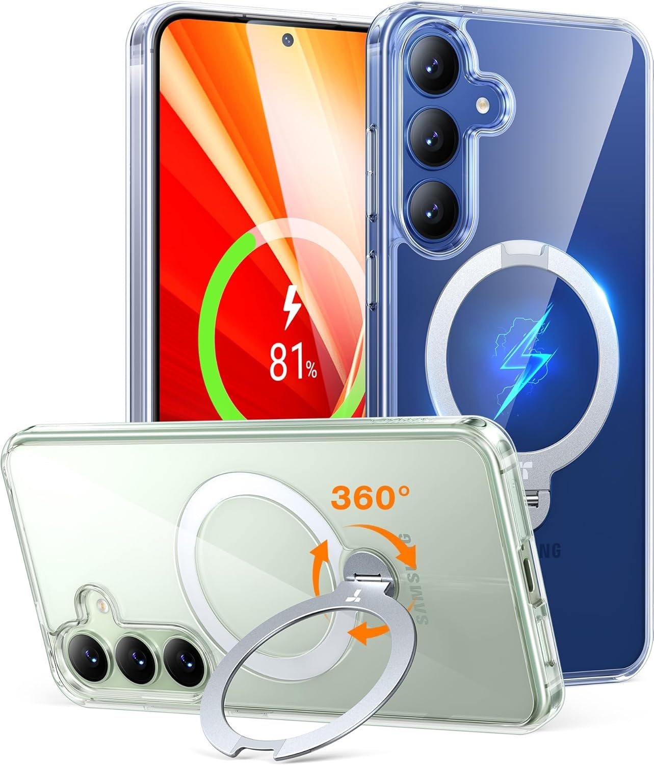 image:imageTORRAS 360 Spin for Samsung Galaxy S25 Case with Stand Fit for MagSafe 3X Military Grade Protective Rotatable Kickstand for Samsung S25 Case Magnetic Ring Slim Hard Cover Crystal Clear 62S25 PlusClear