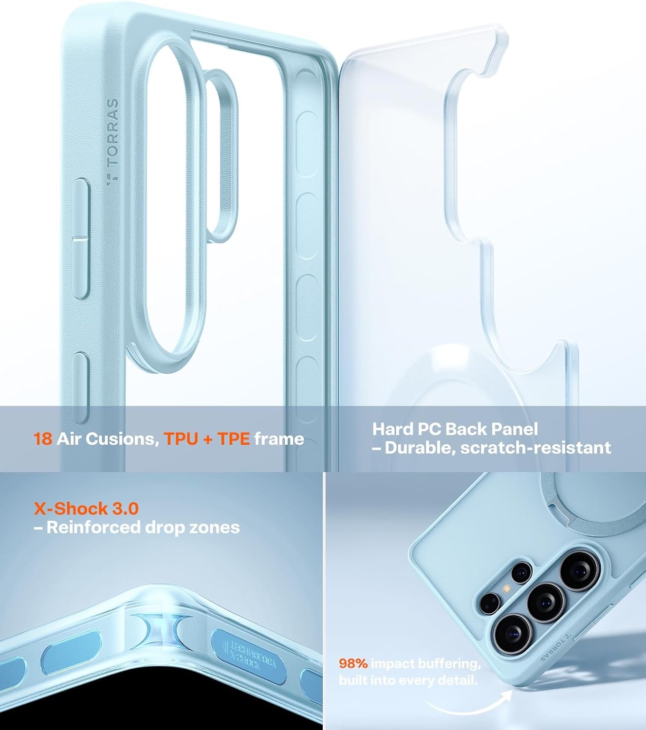 image:imageTORRAS 360 Spin for Samsung Galaxy S25 Case with Stand Fit for MagSafe 3X Military Grade Protective Rotatable Kickstand for Samsung S25 Case Magnetic Ring Slim Hard Cover Crystal Clear 62Light Blue