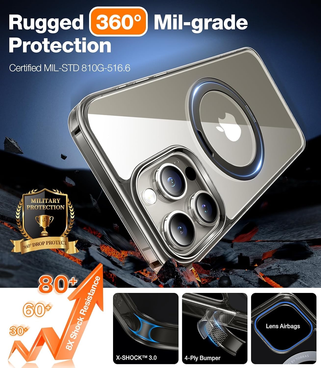 image:imageTORRAS 360Rotatable Magnetic Ring for iPhone 15 Pro Max Case Designed for MagSafe with Stand amp Ring Holder Military Grade Shockproof Translucent Back for iPhone 15 ProMax Case Ostand R Clear Grey