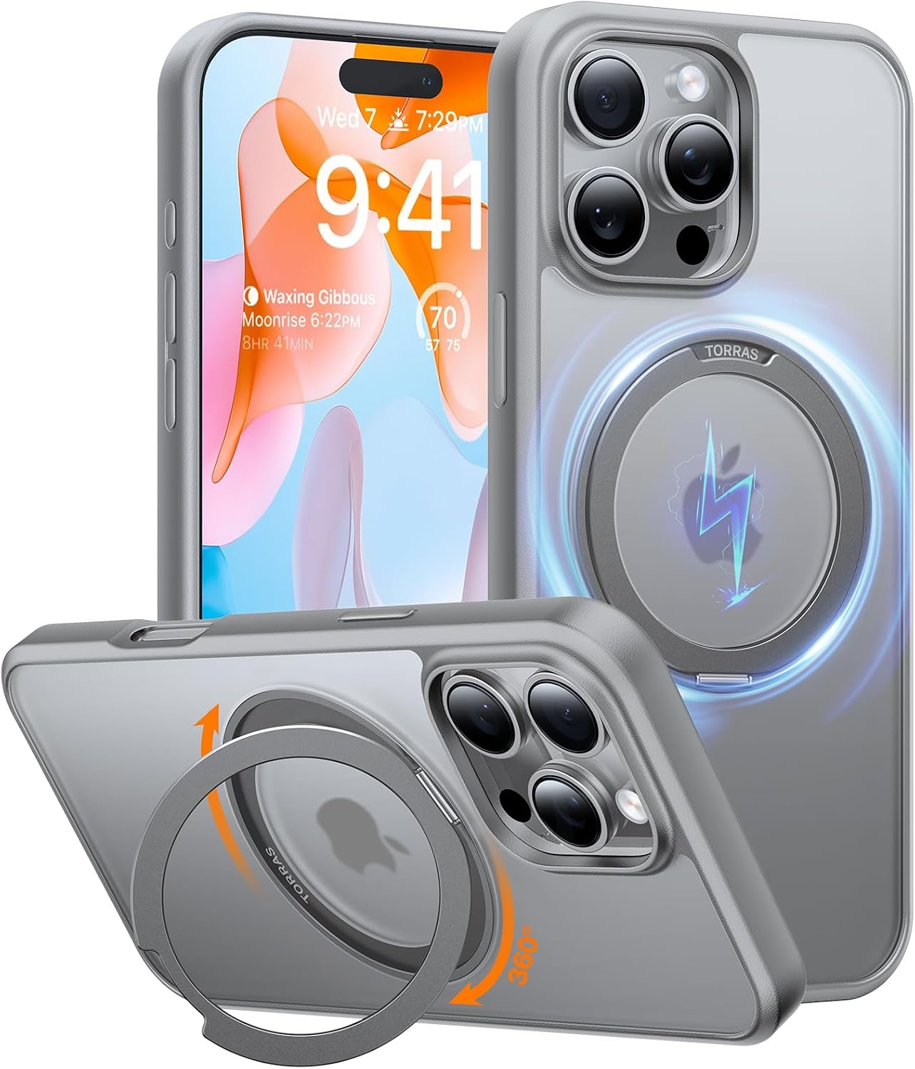 image:imageTORRAS 360Rotatable Magnetic for 16 Pro Case 63 inch Compatible with MagSafe 16 Pro Phone Case 16FT Military Grade Shockproof Flush Stand Ring Holder Translucent Slim Protective Ostand Grey