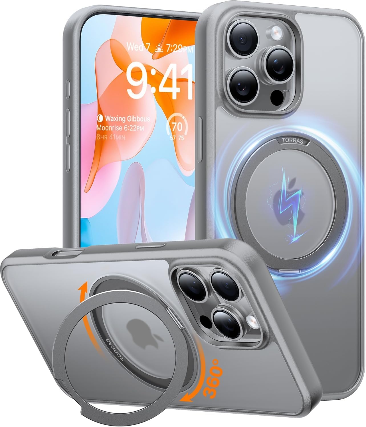 image:imageTORRAS 360Rotatable Magnetic for 16 Pro Case 63 inch Compatible with MagSafe 16 Pro Phone Case 16FT Military Grade Shockproof Flush Stand Ring Holder Translucent Slim Protective Ostand Grey
