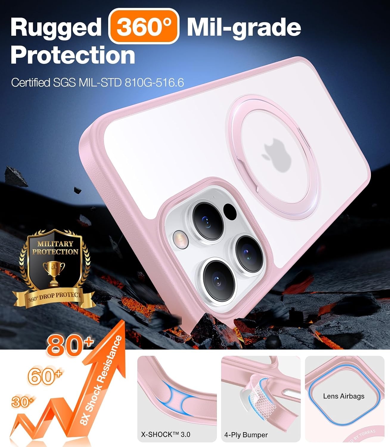 image:imageTORRAS 360Rotatable Ring Designed for iPhone 15 Pro Case Compatible with MagSafe 15 Pro Case with Stand Translucent Slim Protective Ring Holder Military Grade Shockproof Cover for 15 Pro 2023 Pink