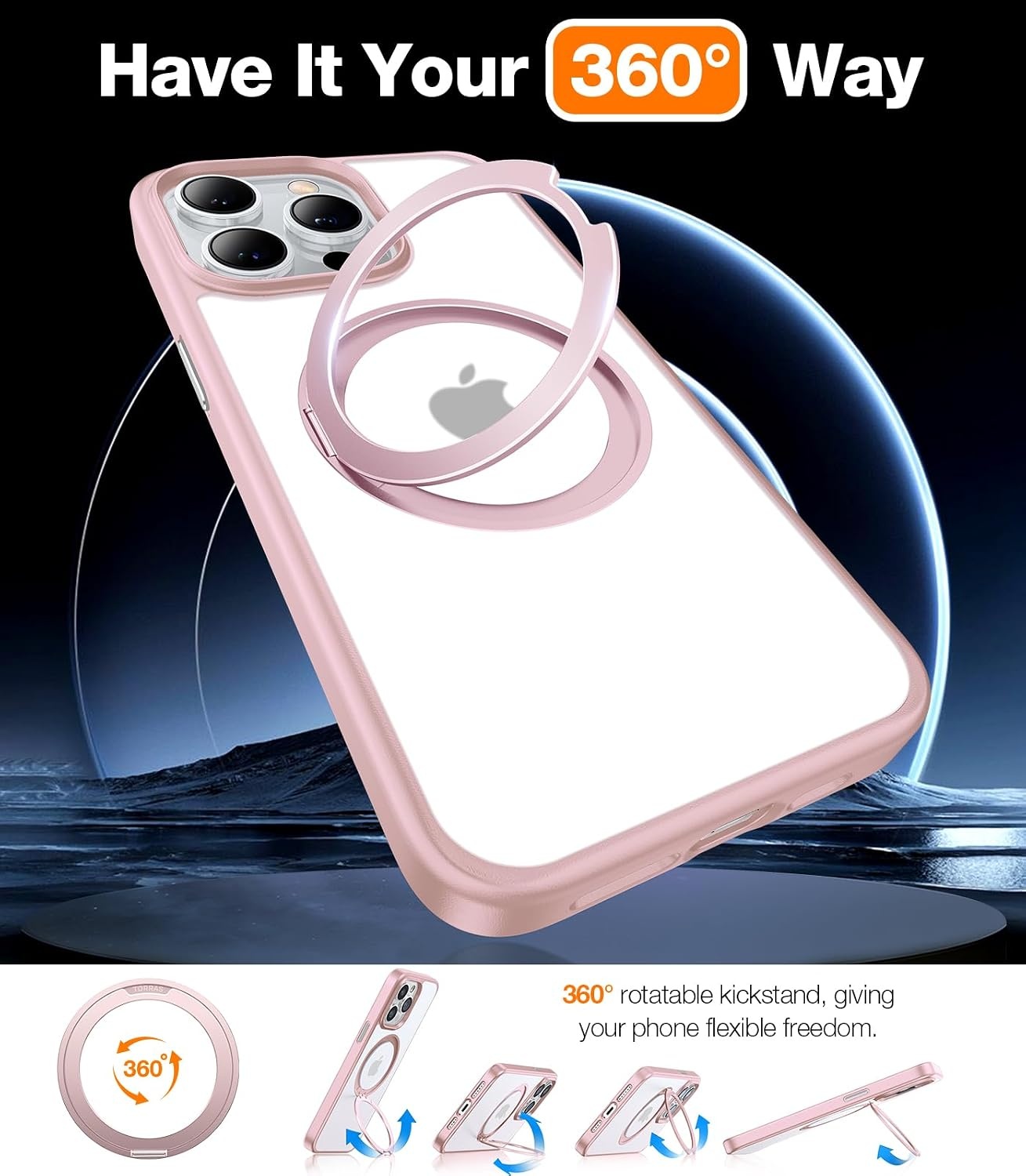 image:imageTORRAS 360Rotatable Ring Designed for iPhone 15 Pro Case Compatible with MagSafe 15 Pro Case with Stand Translucent Slim Protective Ring Holder Military Grade Shockproof Cover for 15 Pro 2023 Pink