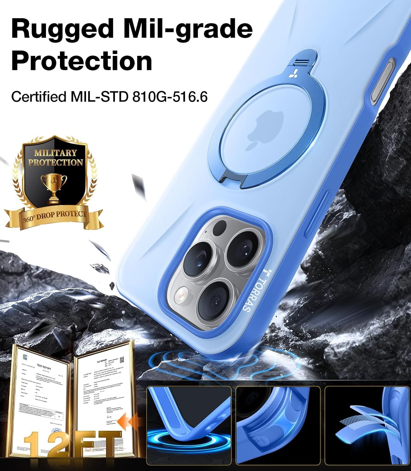 image:imageTORRAS 360Spin Magnetic Stand for iPhone 16 Pro Case Fit for MagSafe Builtin Kickstand amp Ring Holder MilGrade Protective Soft Edge Hard PC Case for iPhone 16 Pro Sapphire Blue 63 2024