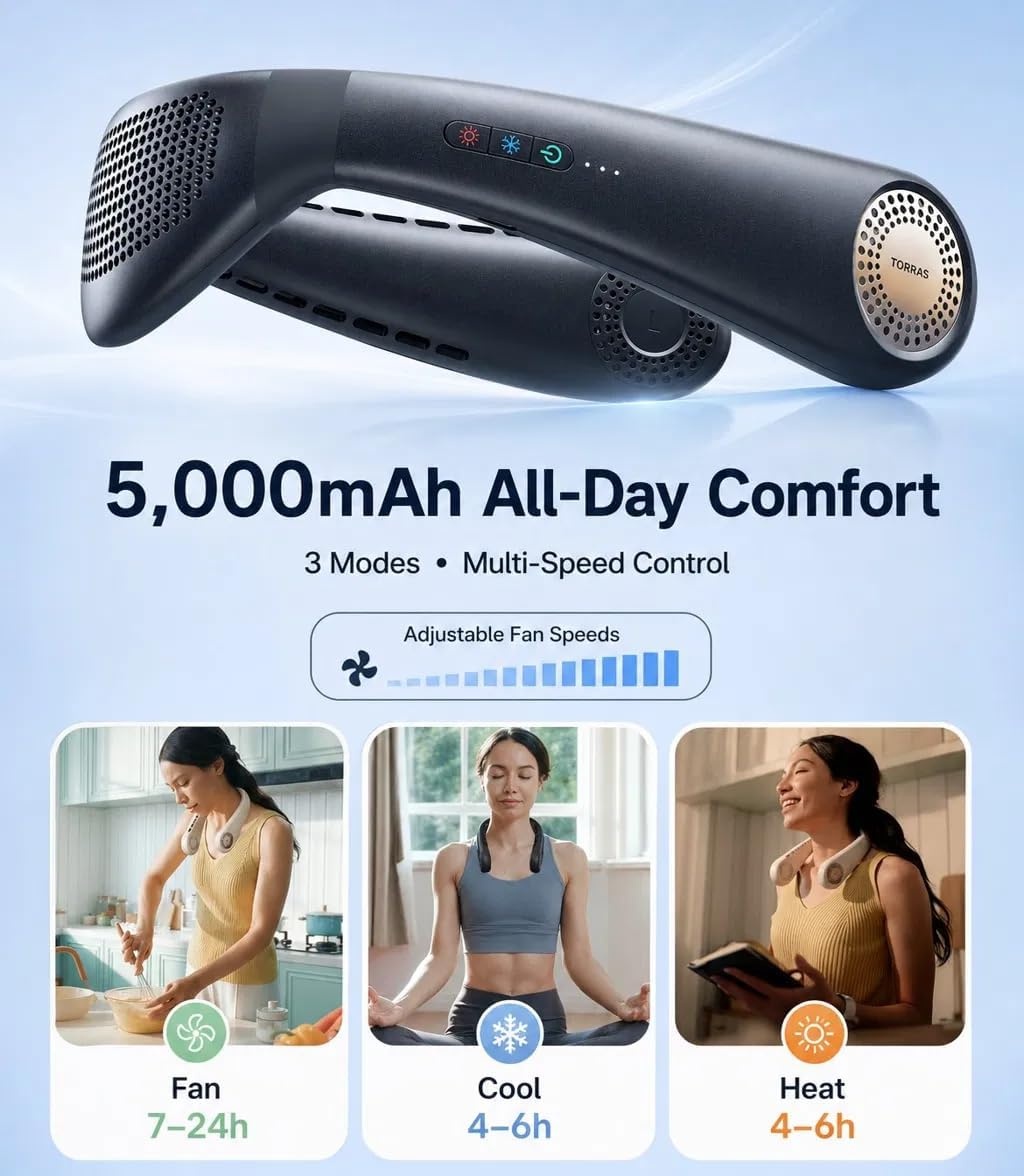image:imageTORRAS COOLiFY Air 2026 Upgraded Neck Fan Air Conditioner DualAirflow Pro Cooling Ultra Light Portable Fan Rechargeable Personal Cooling Fan Travel Essentials Gift for Dad Husband Father BlackPure Black