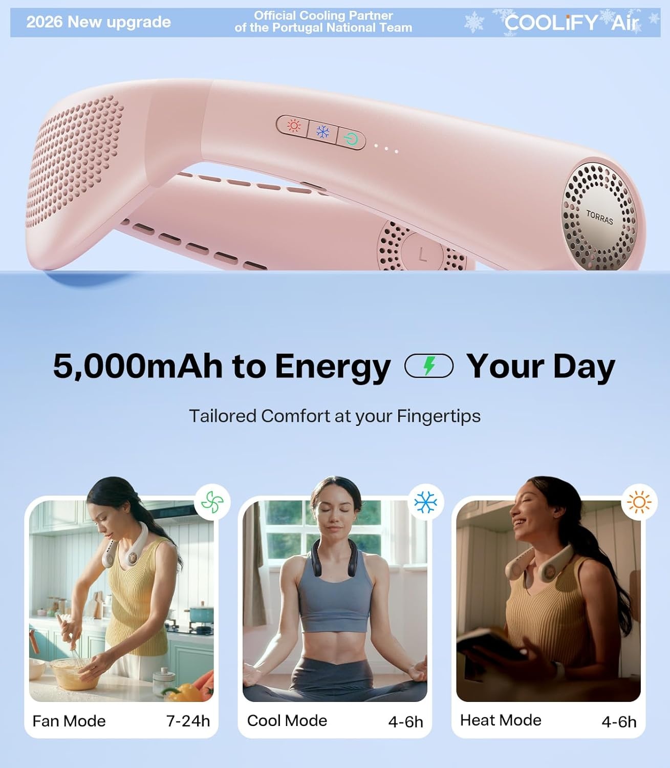 image:imageTORRAS COOLiFY Air 2026 Upgraded Neck Fan Air Conditioner DualAirflow Pro Cooling Ultra Light Portable Fan Rechargeable Personal Cooling Fan Travel Essentials Gift for Dad Husband Father BlackPink