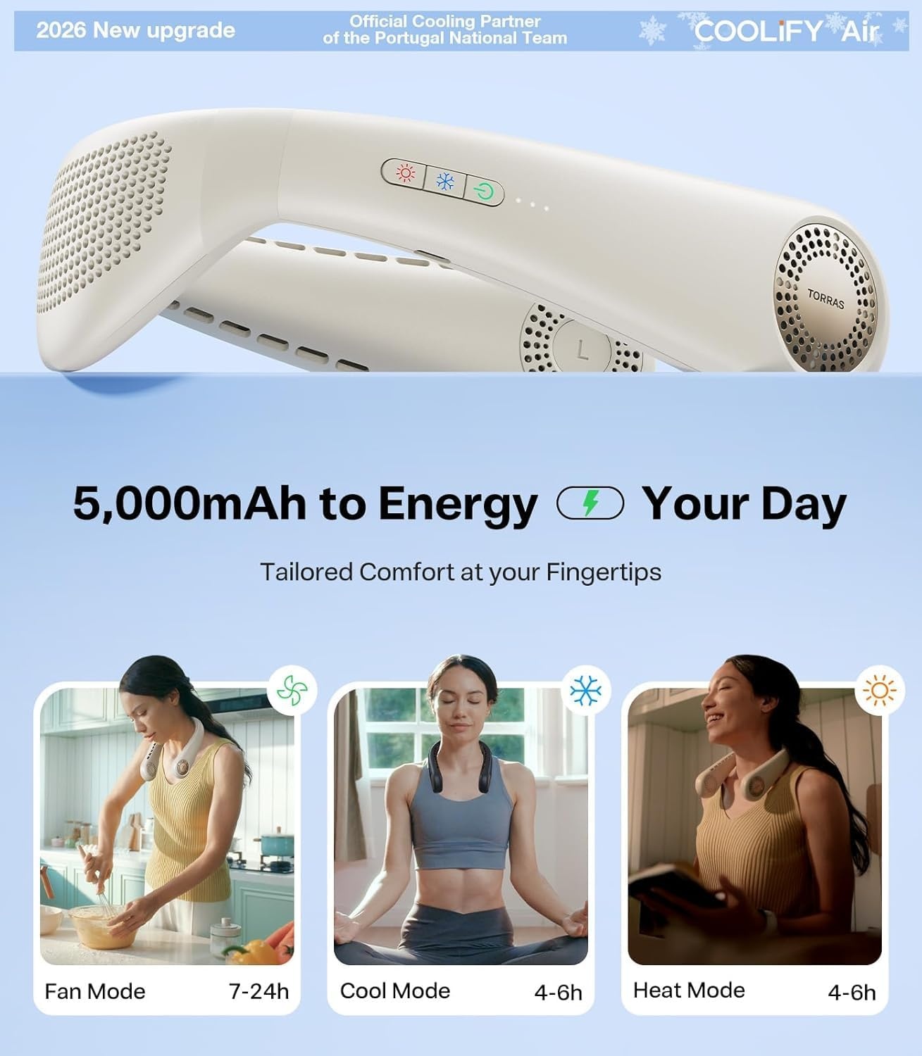 image:imageTORRAS COOLiFY Air 2026 Upgraded Neck Fan Air Conditioner DualAirflow Pro Cooling Ultra Light Portable Fan Rechargeable Personal Cooling Fan Travel Essentials Gift for Dad Husband Father BlackWhite