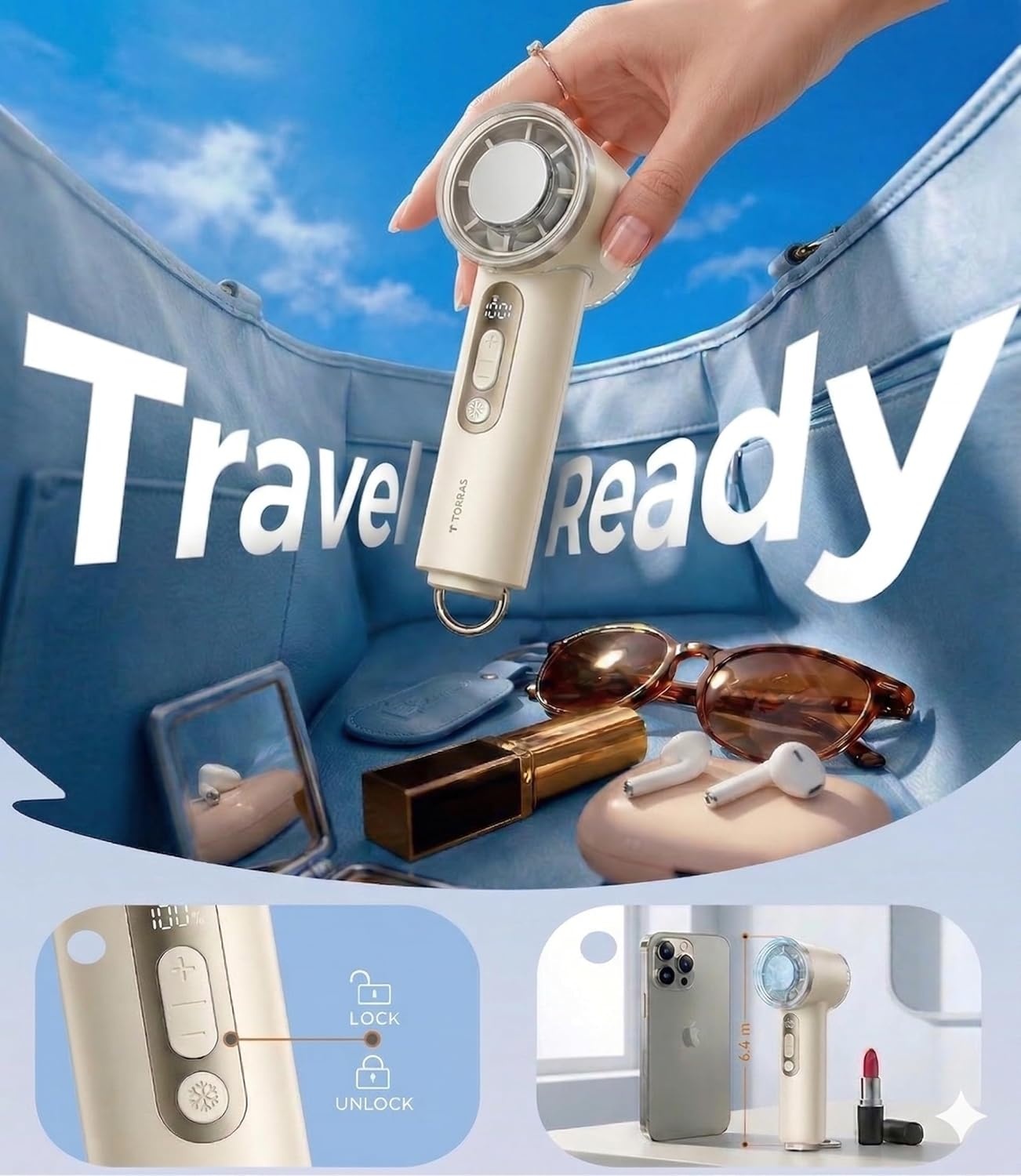 image:imageTORRAS COOLiFY iva Handheld Fan with Ice Cooler Chill by 50F 0100 Adjustable Speed Super Mini Powerful Portable Fan 4900mAh Rechargeable Hand Fans for Travel EssentialsMothers Day GiftsIvoryIvory