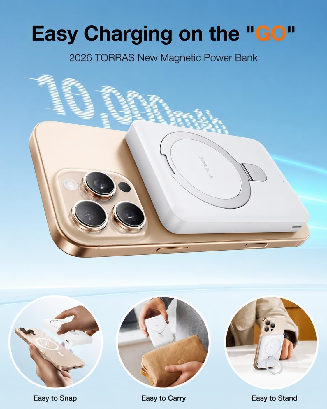 image:imageTORRAS EasyGo 10000mAh Magnetic Portable Charger Power Bank for iPhone Fast Charging Travel Essential Wireless Battery Pack with Stand Compatible with Magsafe17 Pro MaxPro1615141312 Deep BlueWHITE