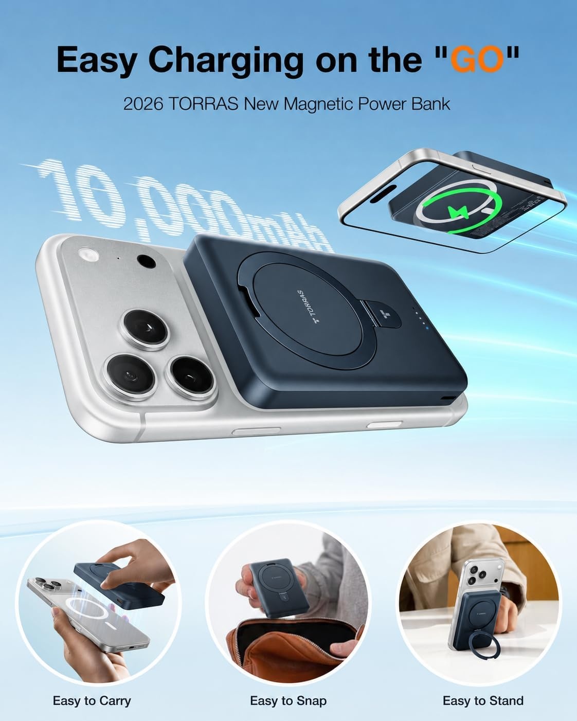 image:imageTORRAS EasyGo 10000mAh Magnetic Portable Charger Power Bank for iPhone Fast Charging Travel Essential Wireless Battery Pack with Stand Compatible with Magsafe17 Pro MaxPro1615141312 Deep BlueDEEP BLUE