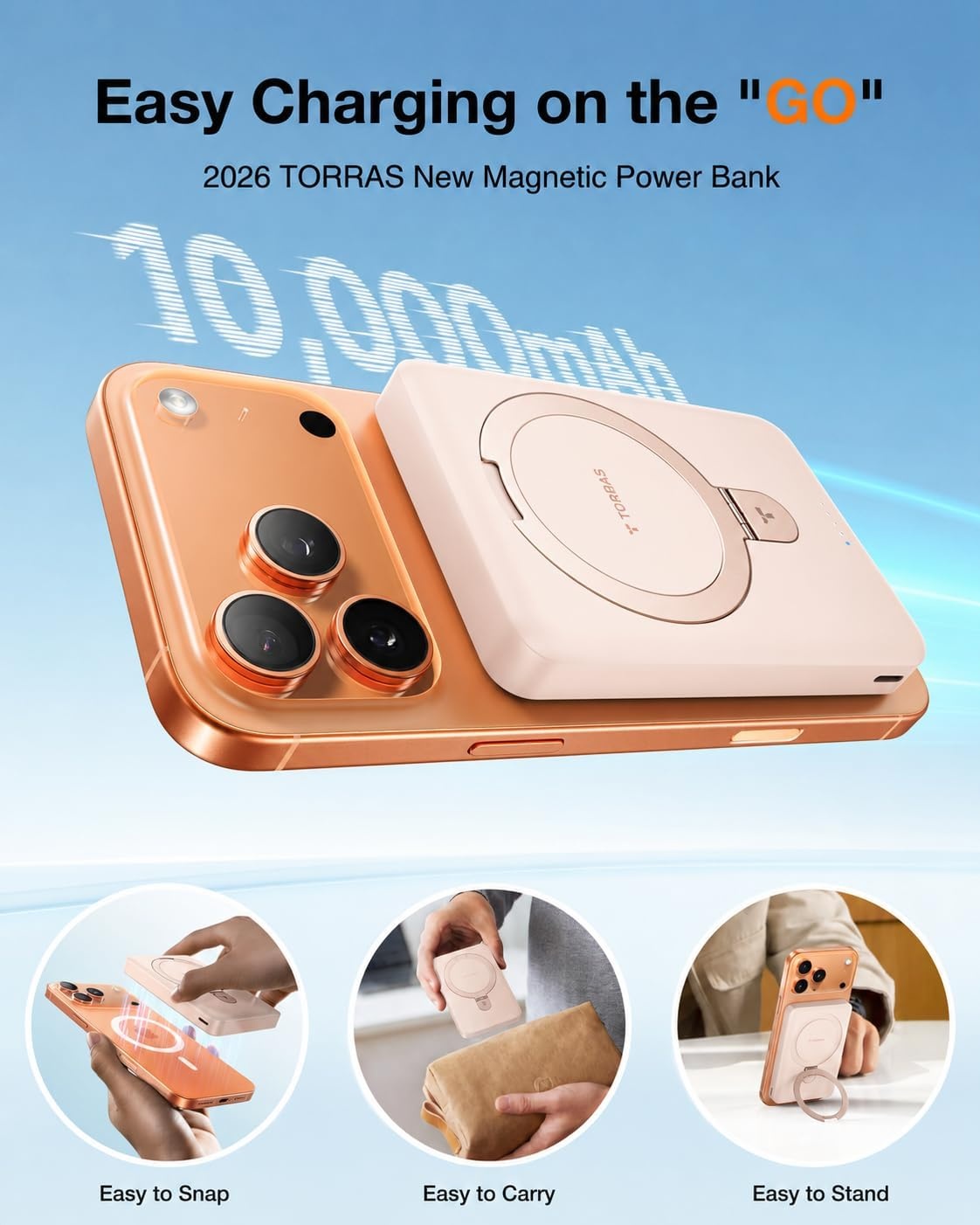 image:imageTORRAS EasyGo 10000mAh Magnetic Portable Charger Power Bank for iPhone Fast Charging Travel Essential Wireless Battery Pack with Stand Compatible with Magsafe17 Pro MaxPro1615141312 Deep BlueROSE GOLD